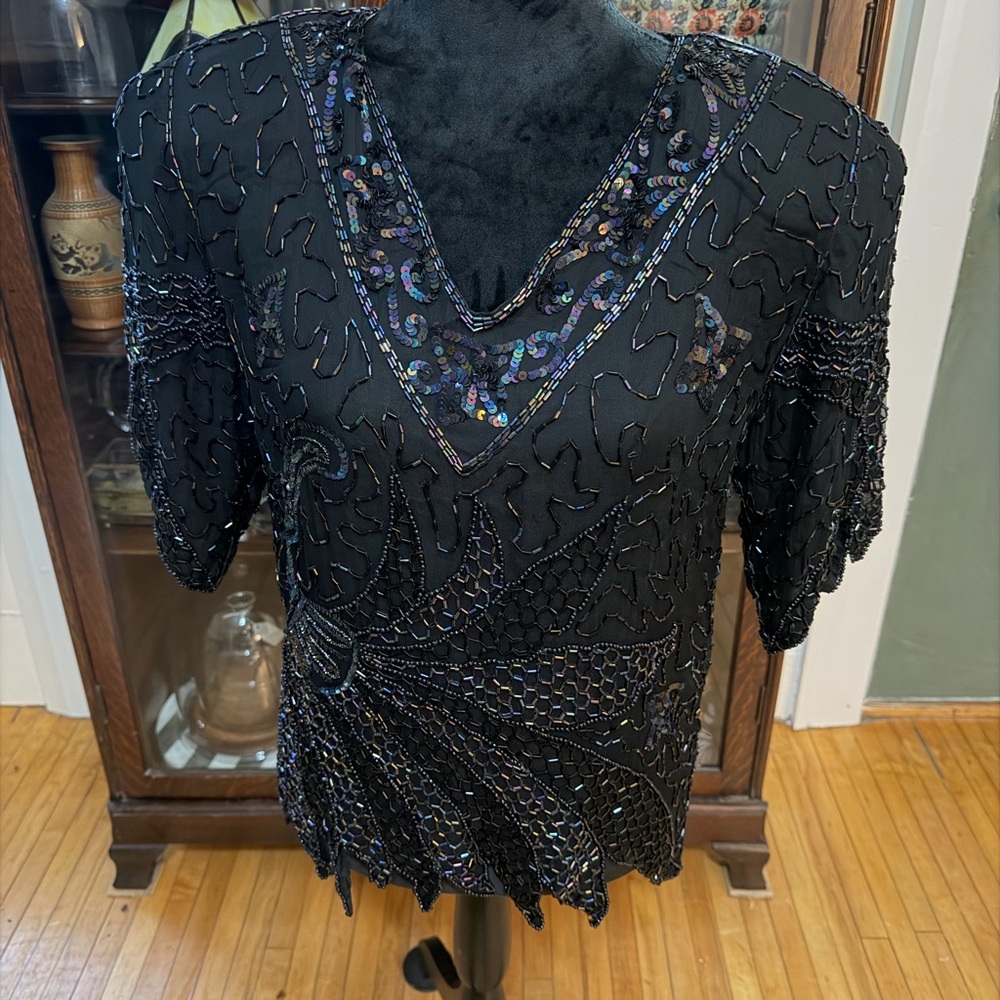 Elegant Black Beaded Women's Top